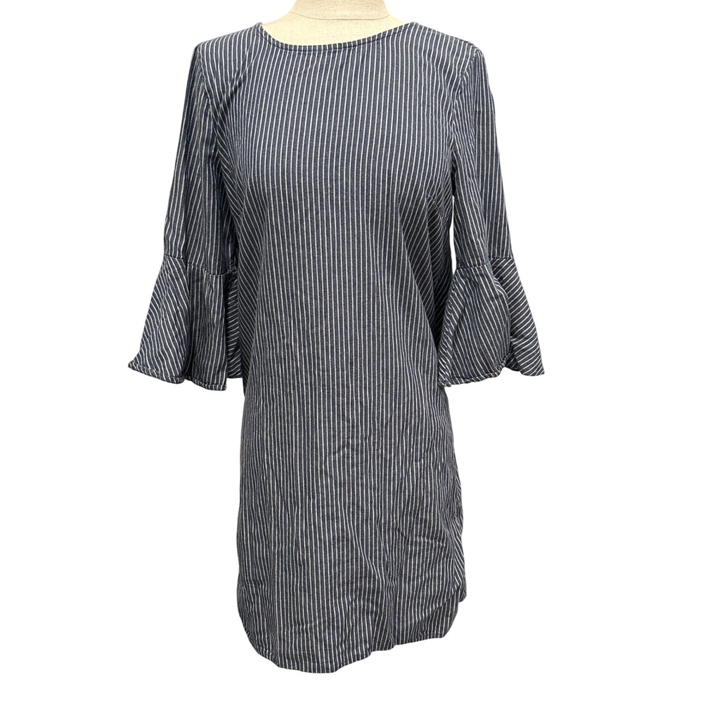 J.Crew Blue White Striped Midi Cotton Shift Dress Bell Sleeve 6